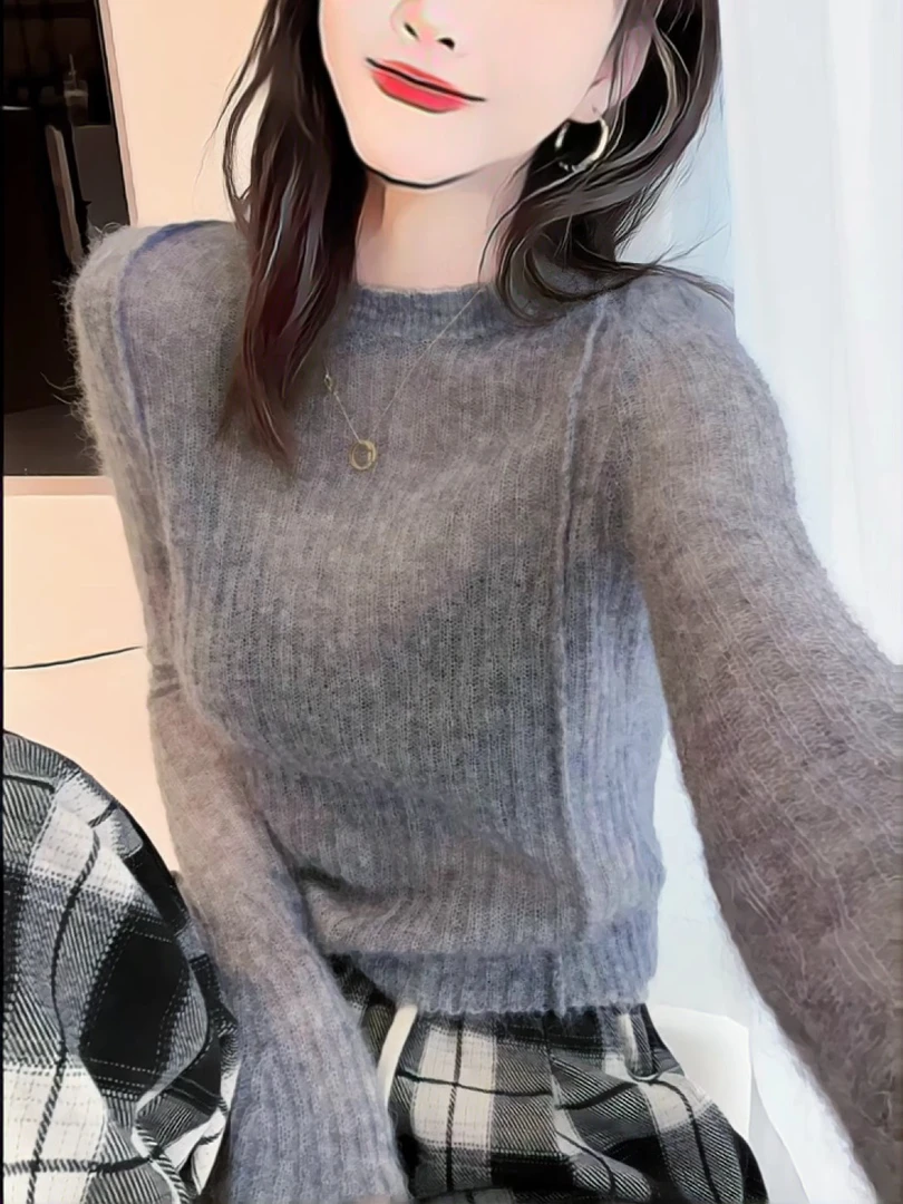 软糯马海毛针织打底衫女春秋2025新款法式修身显瘦内搭喇叭袖上衣