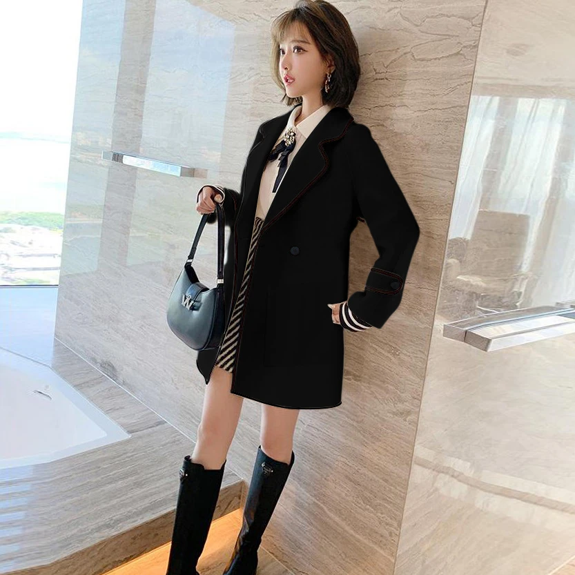 【C魅甄选】撞色包边西装外套秋新款小香风呢子韩版中长款外套F855