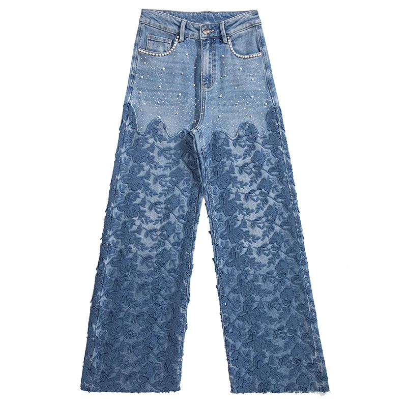 秋季设计师款重工刺绣花型高腰阔腿宽松拼接显高显瘦牛仔长裤女