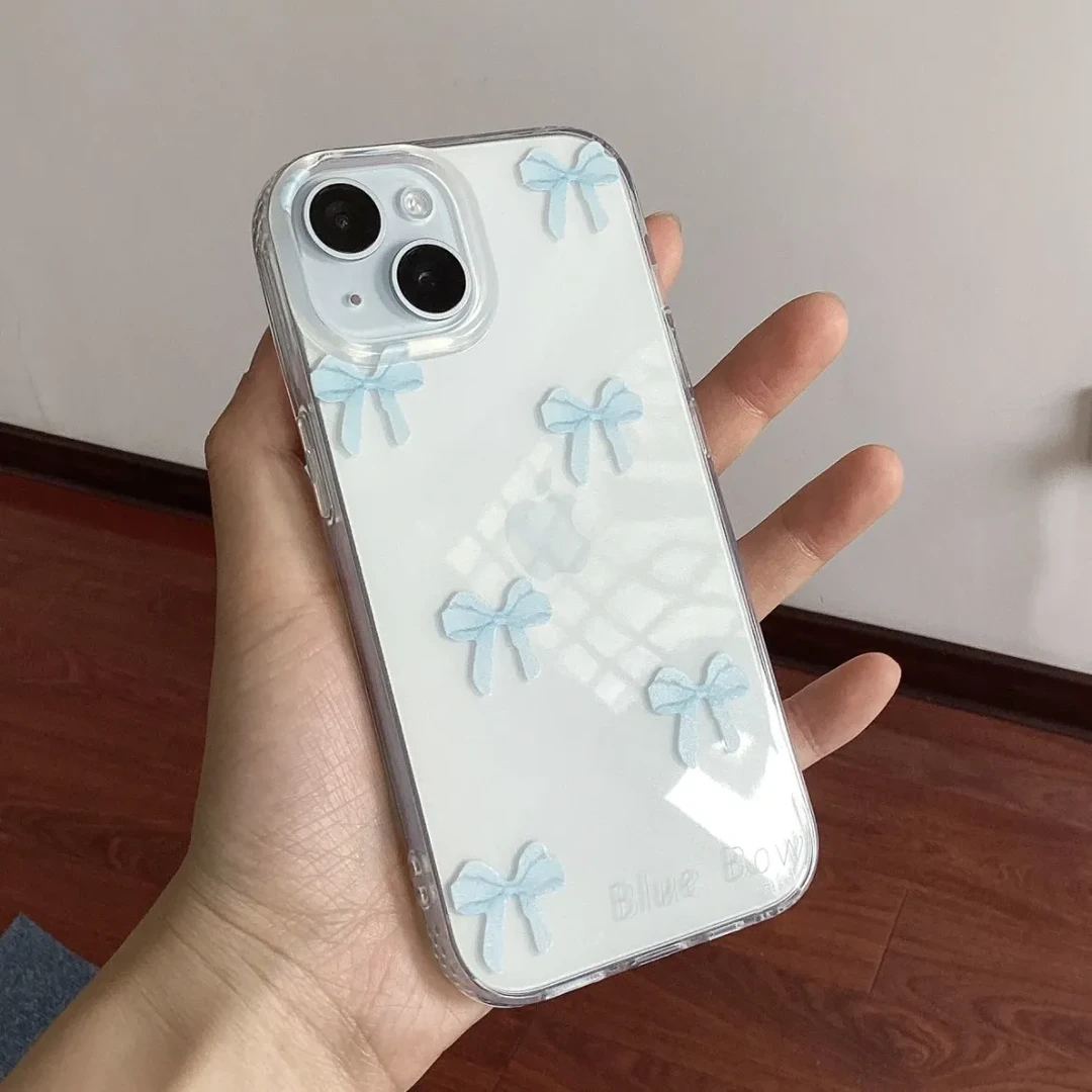蓝色蝴蝶结iPhone15/16Promax苹果手机壳13/12透明防摔大孔7/8P软