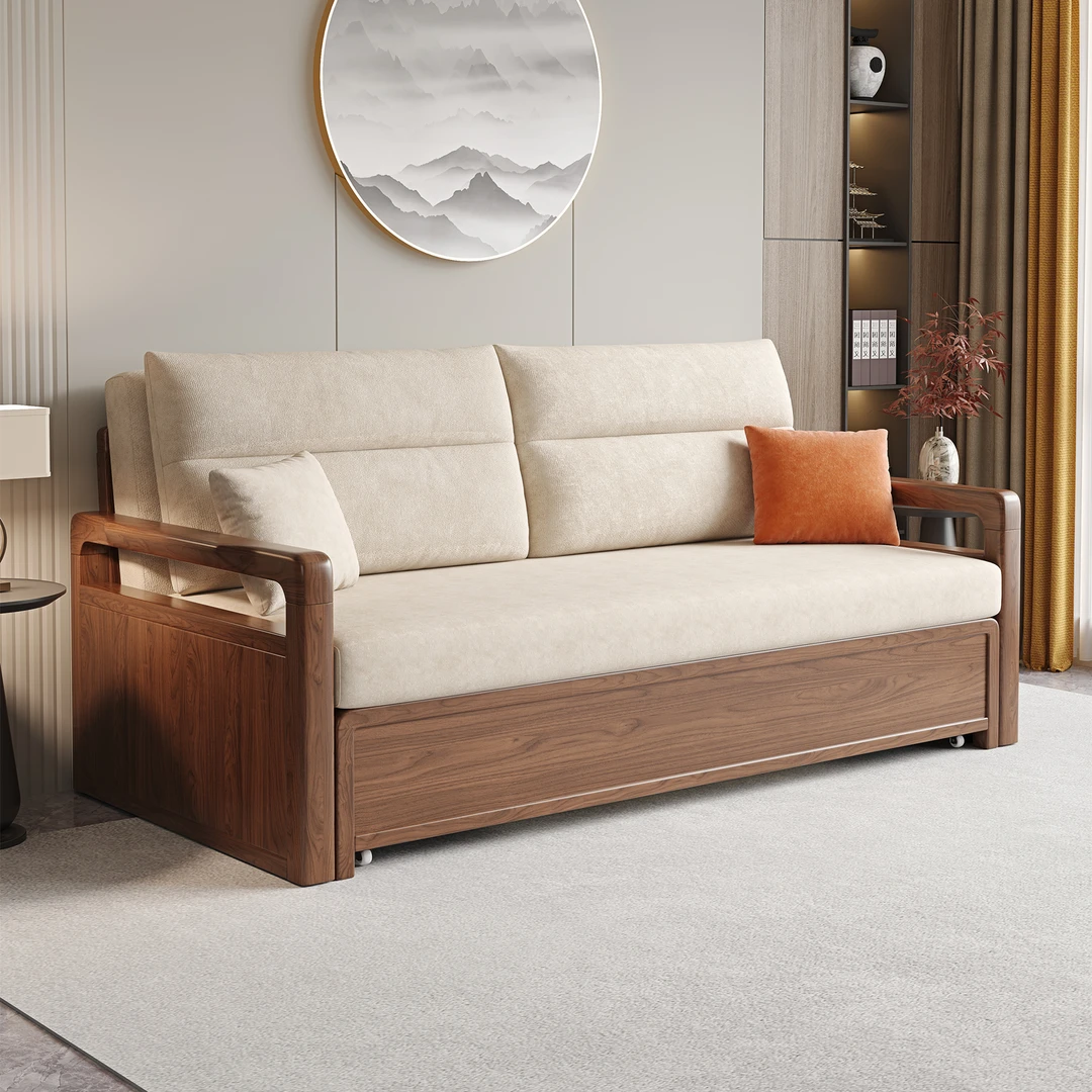 北美黑胡桃实木沙发床中式多功能推拉储物家用客厅双人小户型简约