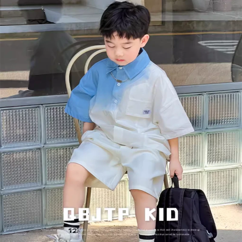 男童短袖透气衬衫套装夏季新品儿童时髦宽松洋气扎染衬衣两件套潮