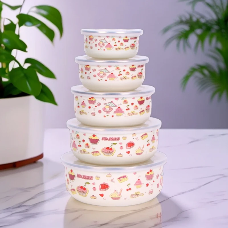 10-18厘米搪瓷珐琅冰碗家用带盖保鲜碗加厚饭碗密封圆形蒸碗