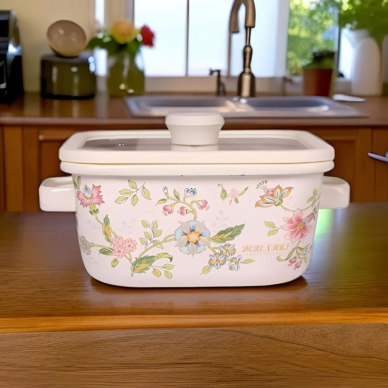 22厘米创意搪瓷方锅高颜值加厚炖锅田园风芳香花汤锅