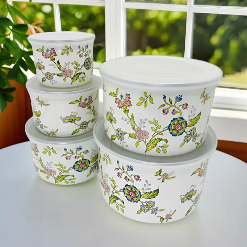 10-18CM芳香花高筒冰碗搪瓷珐琅圆形带盖保鲜碗家用保鲜盒五件套