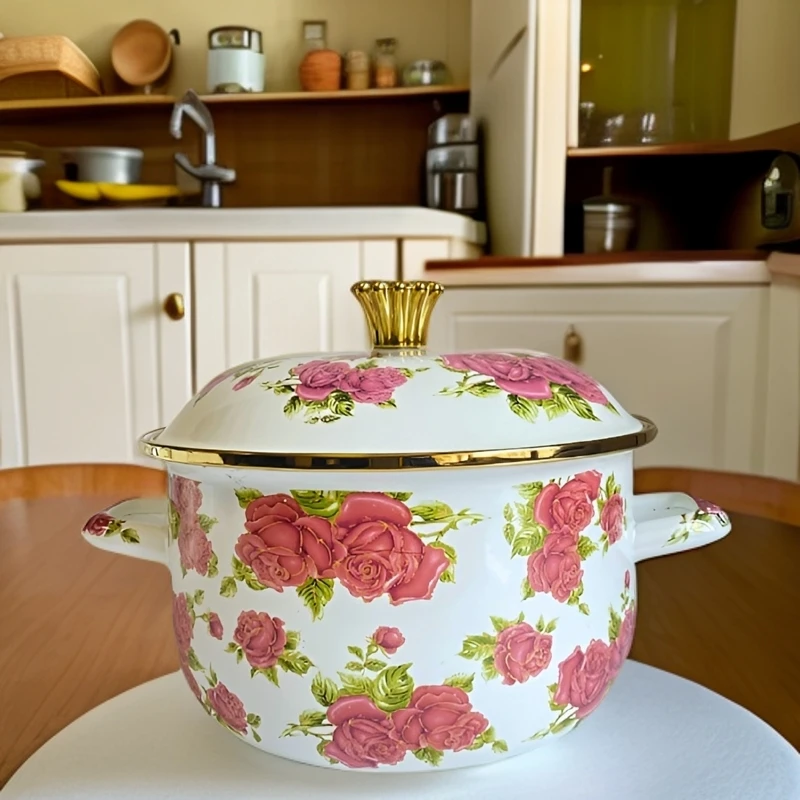 24厘米高颜值搪瓷珐琅汤锅精致玫瑰花纹家用带盖加厚汤锅