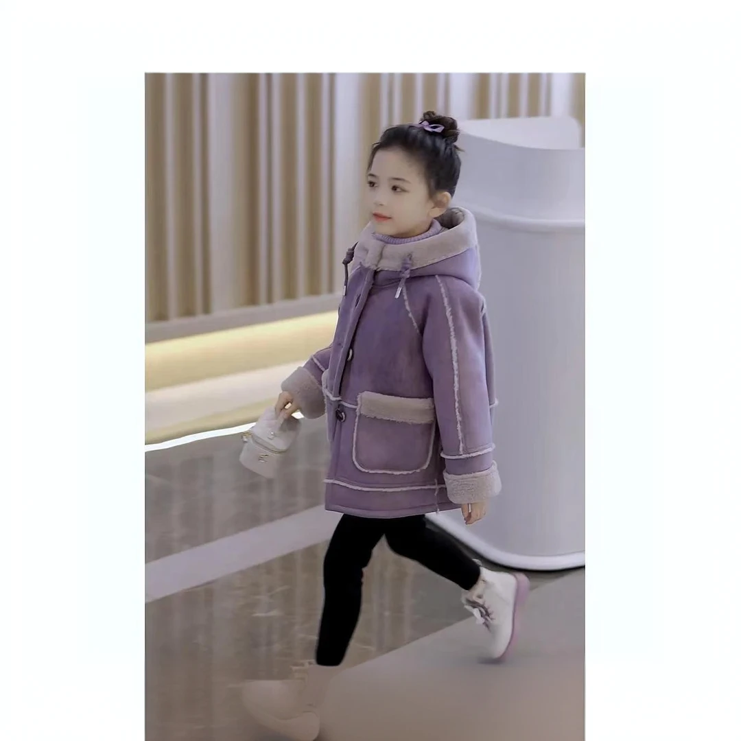 女童皮毛一体外套秋冬季中大儿童加绒加厚冬装女孩韩版羊羔绒上衣