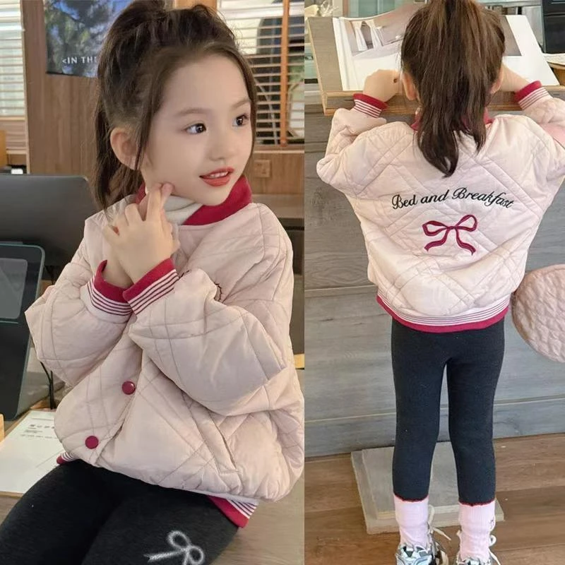女童秋冬加棉外套2025儿童洋气新款女宝宝粉色刺绣加厚棒球服外套