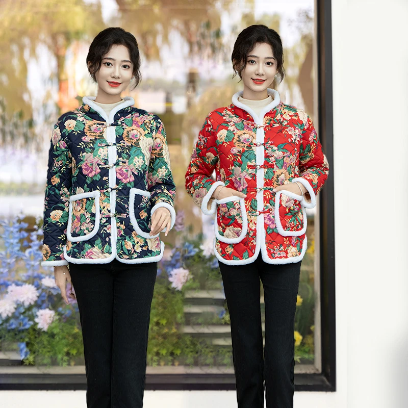 新款棉衣时尚洋气加绒棉服民族风冬季上衣东北大花袄中老年妈妈装