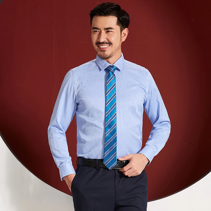 红都新款长袖衬衫男士商务时尚休闲蓝色中年男装长袖衬衣19120