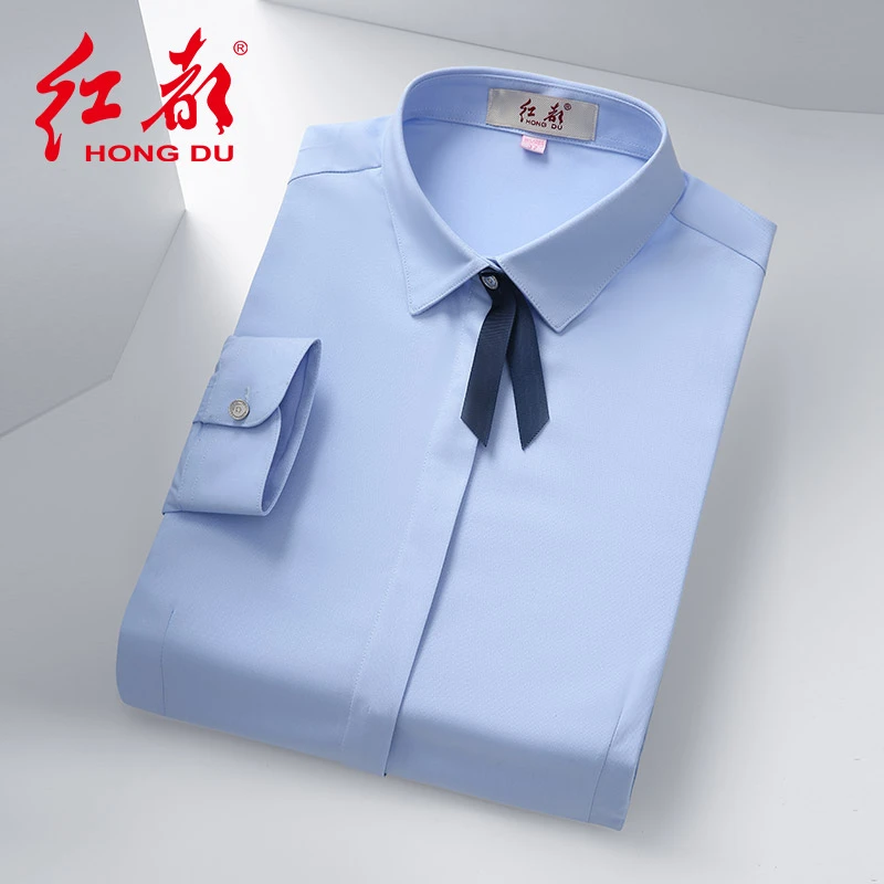 红都红都新款女衬衣蓝色尖领工装团购职业正装长袖衬衫8512