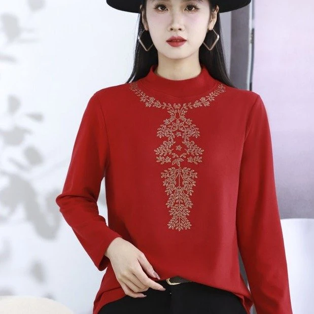 中老年妈妈毛衫加绒保暖百搭洋气双面绒气质宽松半高领镶钻打底衫