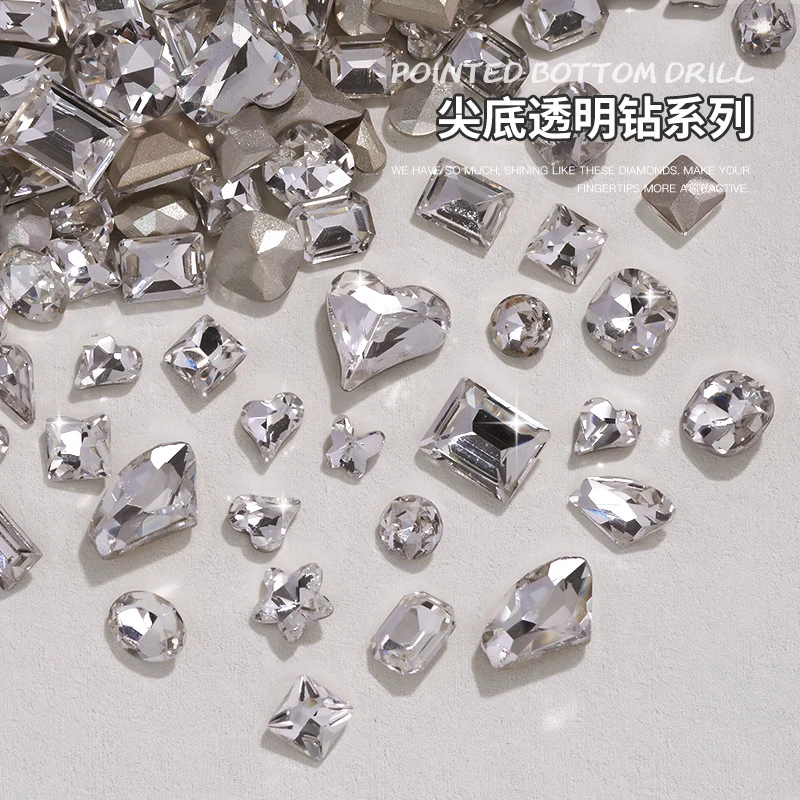 异形钻白色水晶透明色尖底歪心斧头水滴长方蝴蝶指甲钻美甲饰品