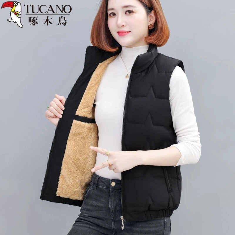啄木鳥棉马甲女秋冬季2023新款加绒加厚外穿无袖坎肩马夹外套
