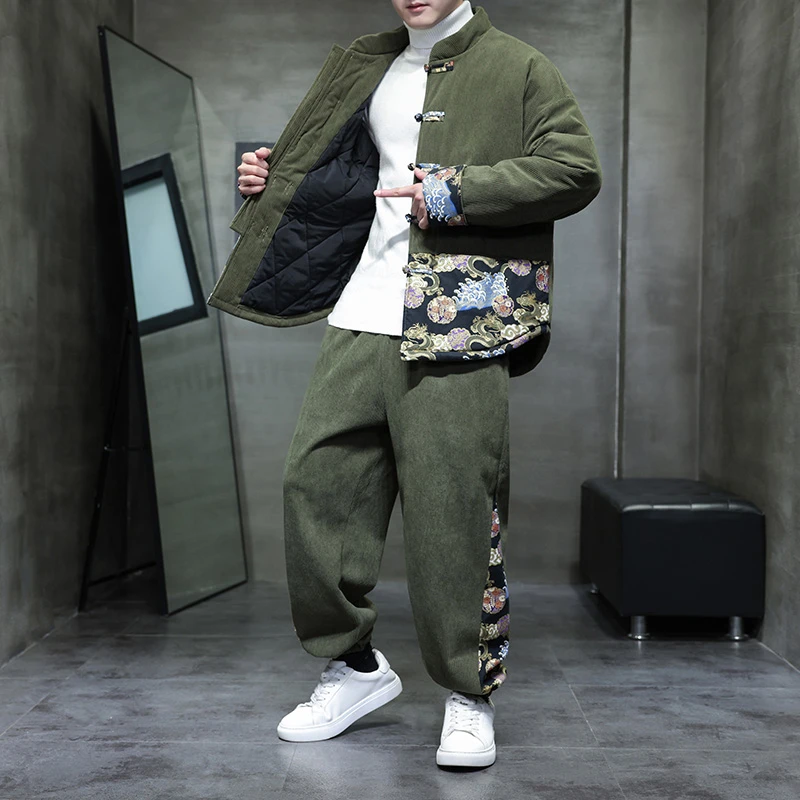 灯芯绒新中式冬季男士棉衣唐装复古中国风套装加厚保暖棉服两件套