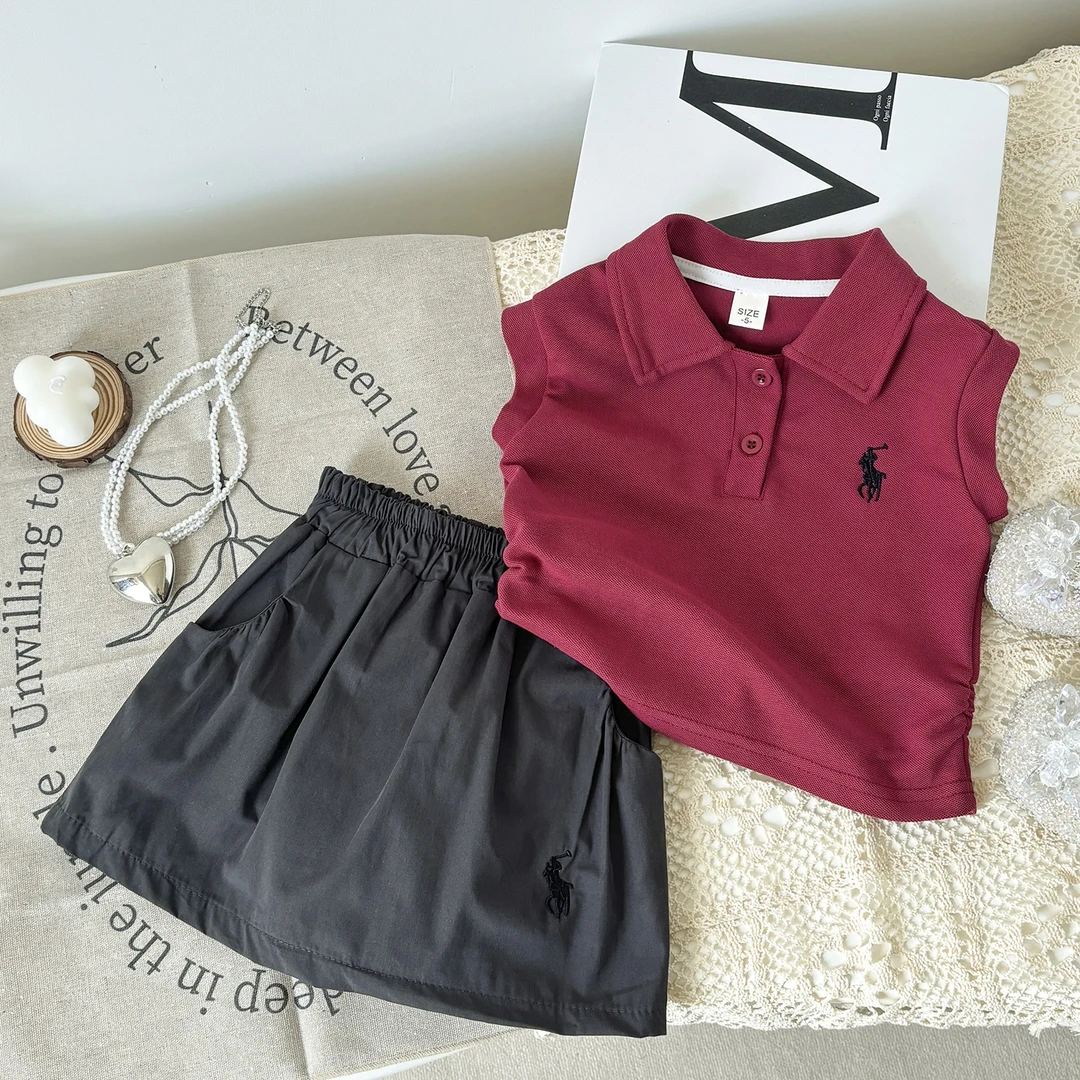 圆子家 女童夏季套装2025女宝宝polo领背心上衣半身裙儿童两件套