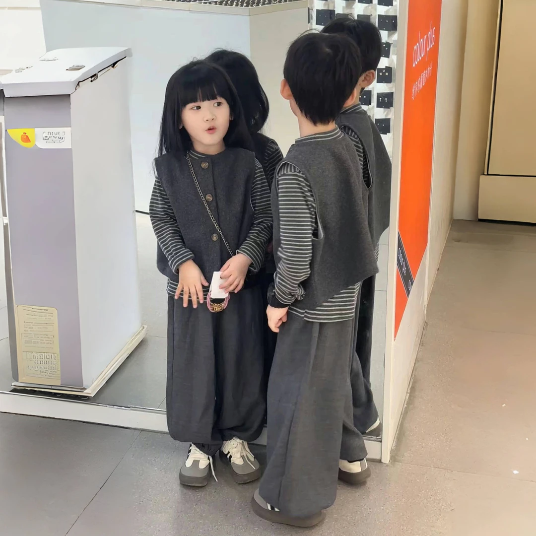 森系秋童装男女童中性款条纹T韩版马甲背心日系宽松三件套