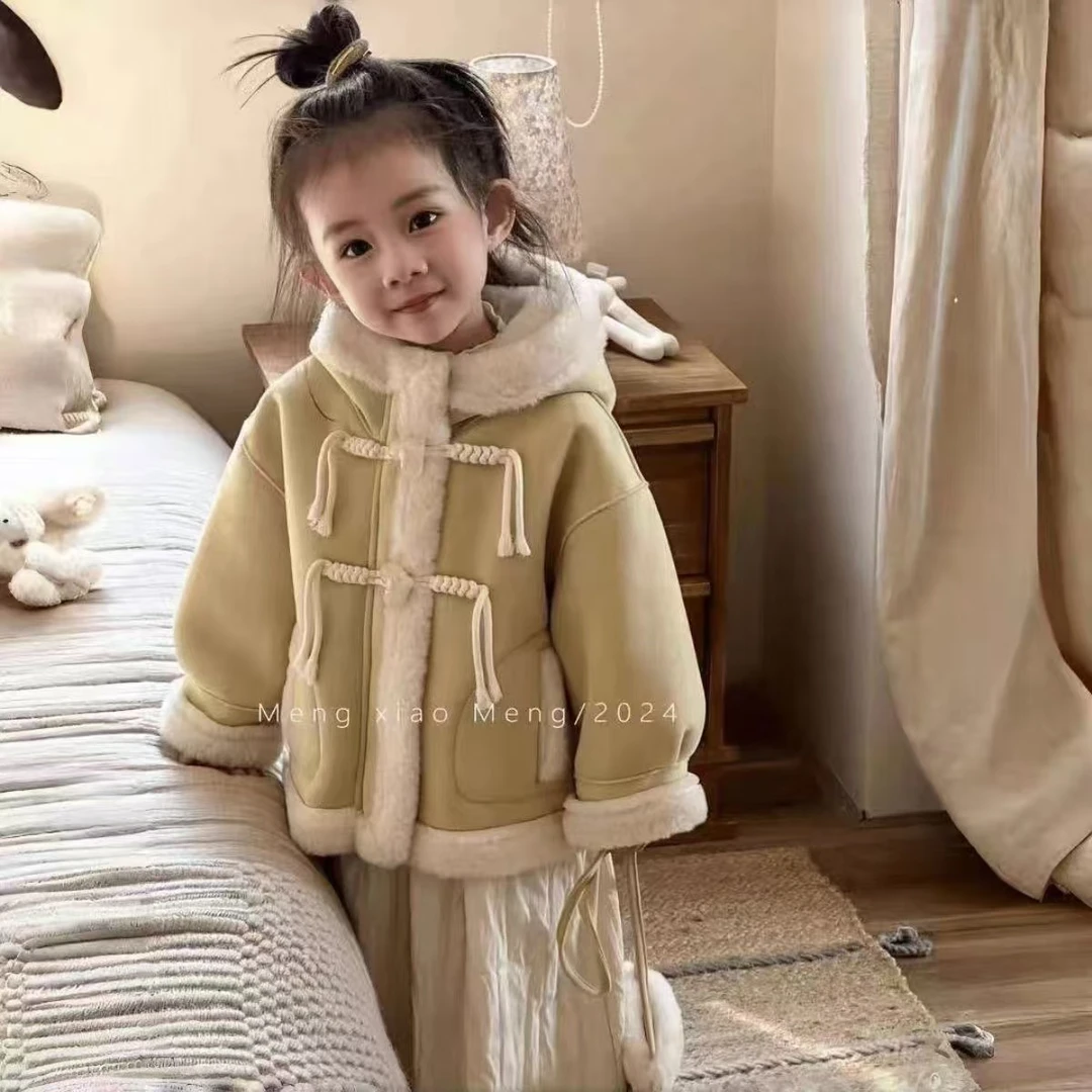 2024童装秋冬女童韩版皮毛一体绒加厚连帽外套宝宝网红百搭上衣