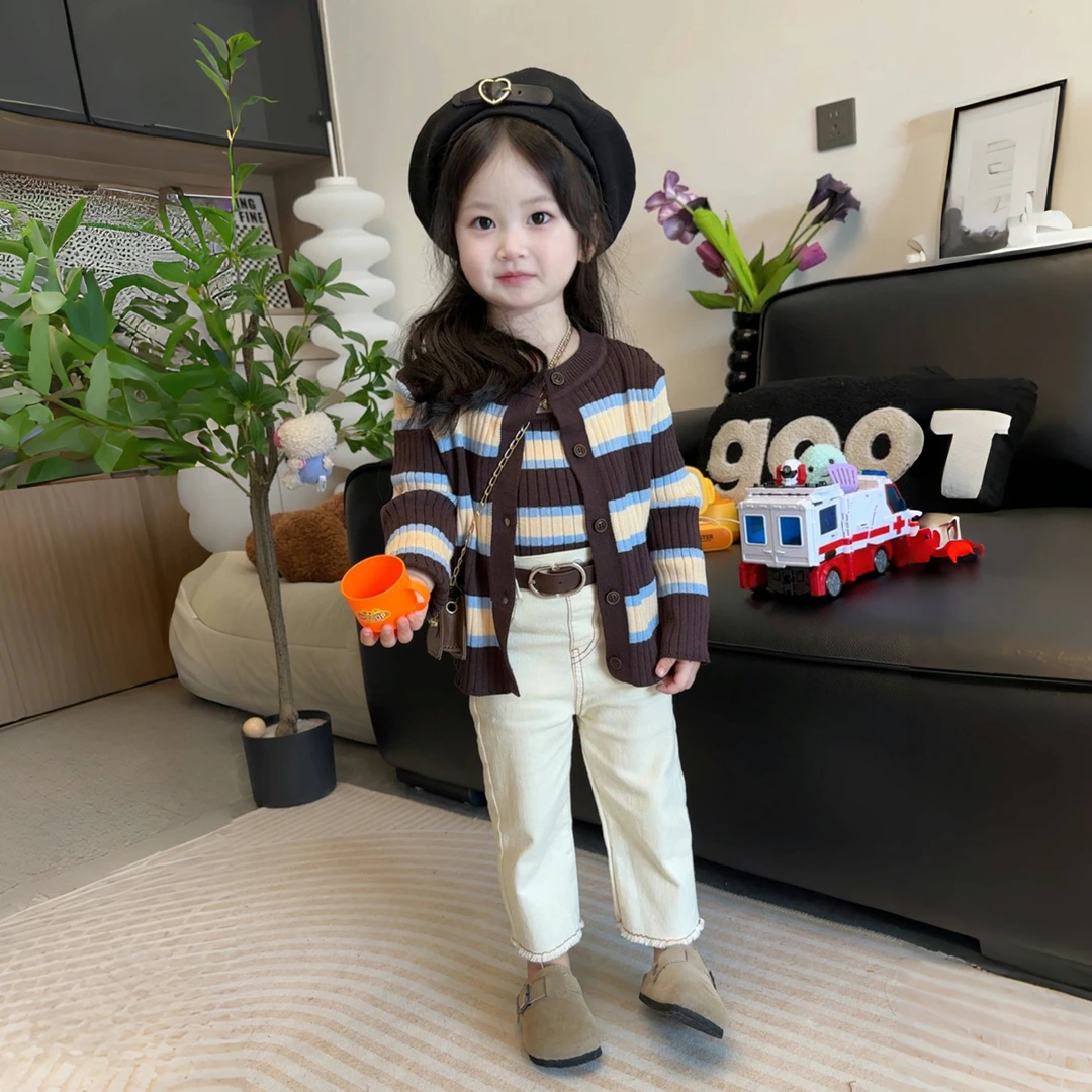 2024秋季新款 女童条纹针织开衫+吊带背心两件套儿童洋气毛衣套装