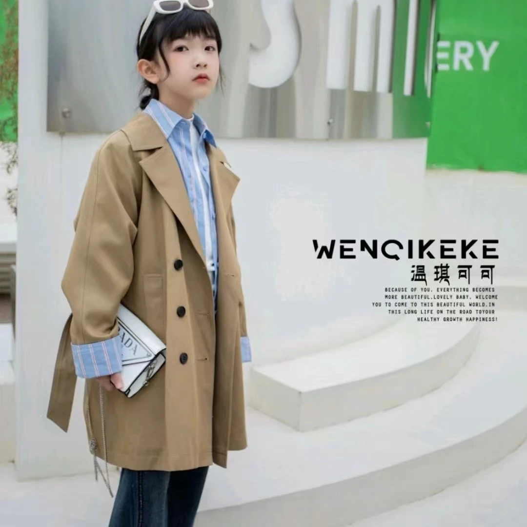 女童春秋季中长款英伦风时尚个性风衣儿童中大童双排扣卡其