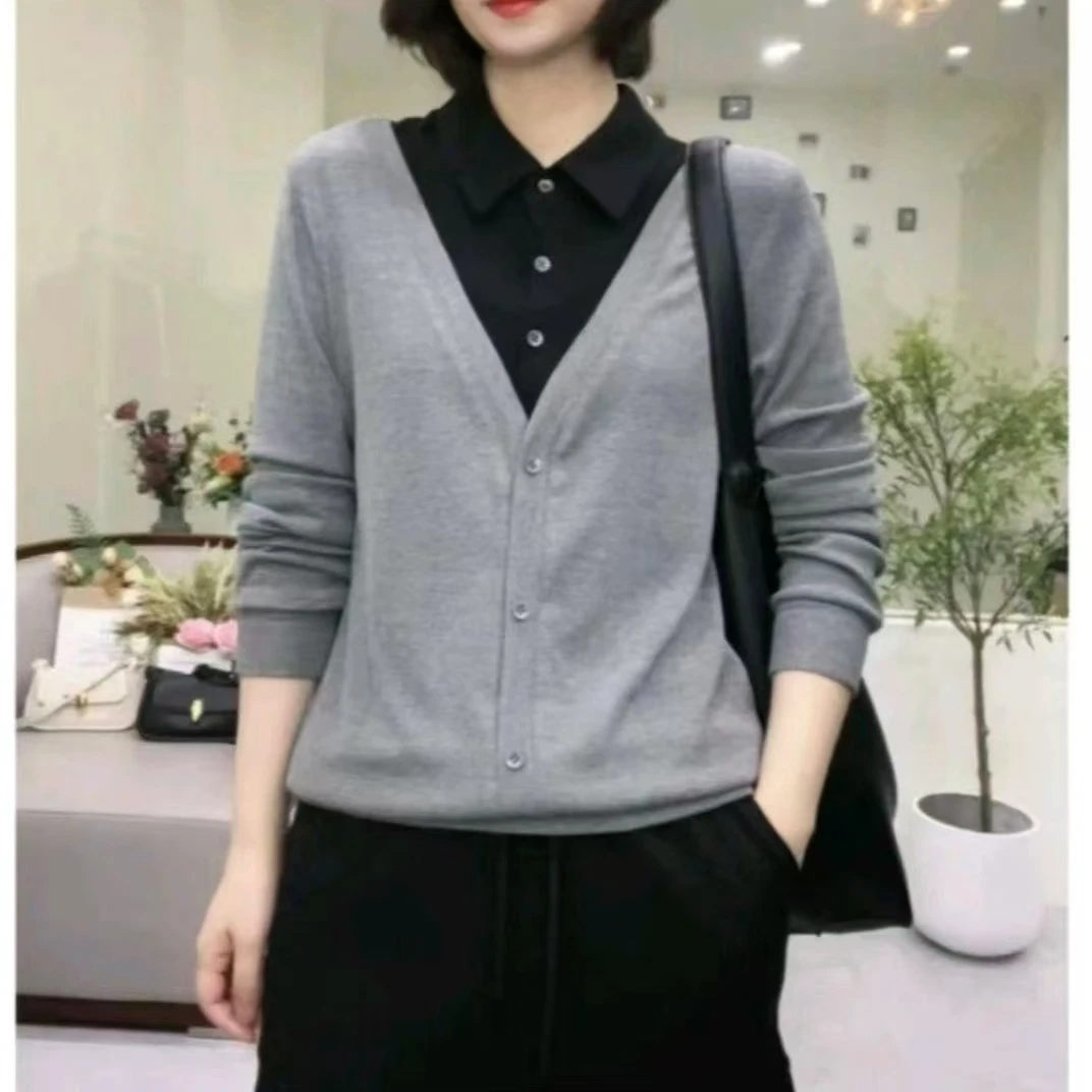 2025新款爆款假两件拼接百搭时尚显瘦衬衫领长袖