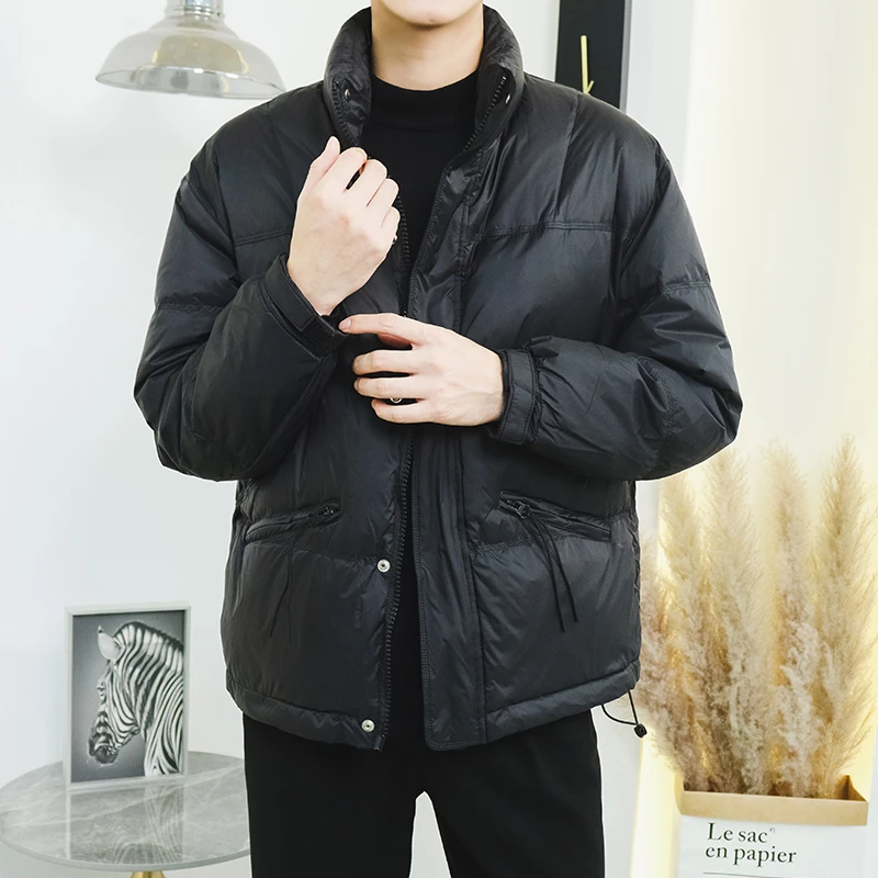 白鸭绒羽绒服男保暖外套2023秋冬季百搭宽松纯色男士加厚立领棉衣