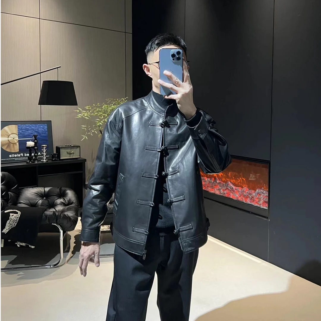 【高奢东方美学】极简新中式立领头层山羊皮皮衣夹克外套男士