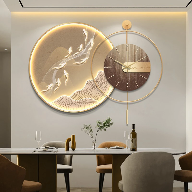 轻奢风九鱼图餐厅装饰画带钟表圆形时钟挂画现代简约饭厅墙面壁画