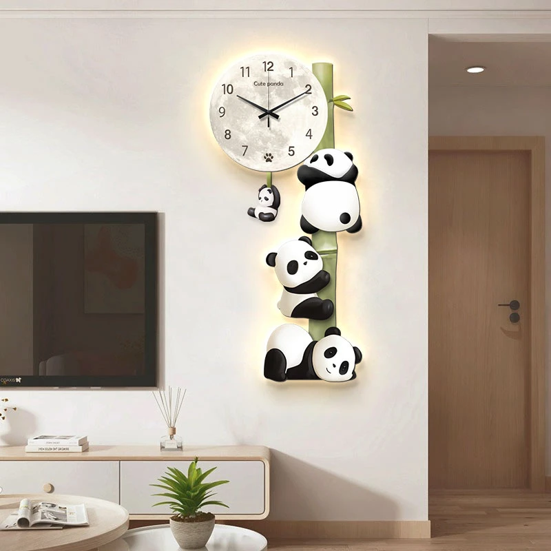 可爱熊猫挂钟装饰画奶油风沙发客厅创意时钟餐厅背景墙钟表画