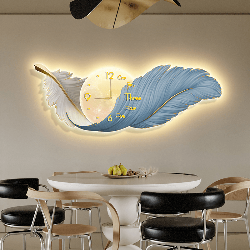带钟表时钟羽毛轻奢大气感饭厅餐厅装饰画客厅挂画