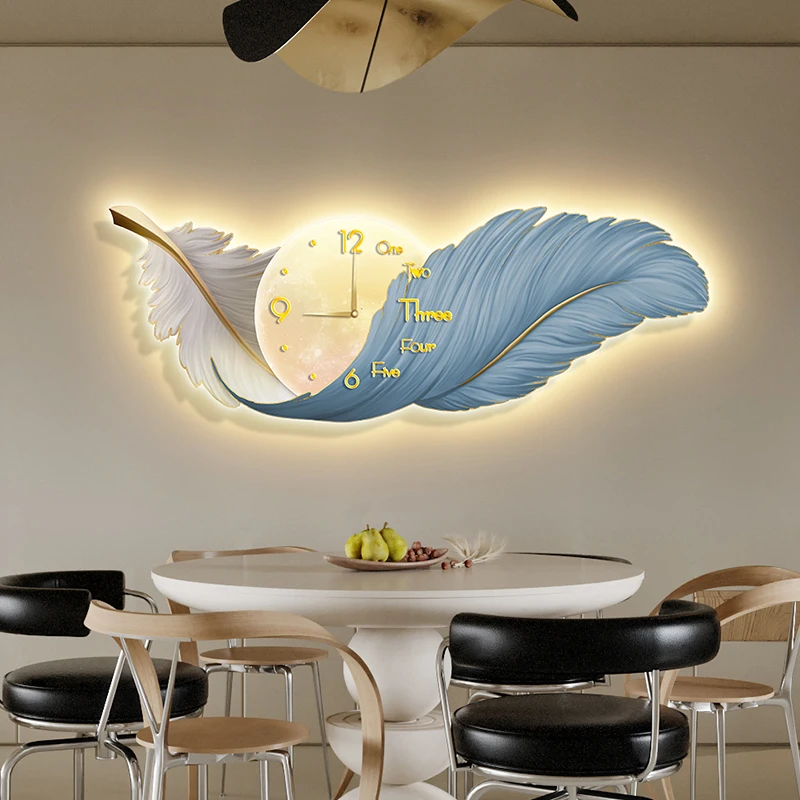 【鸿羽】钟表时钟羽毛轻奢大气感饭厅餐厅装饰画客厅挂画