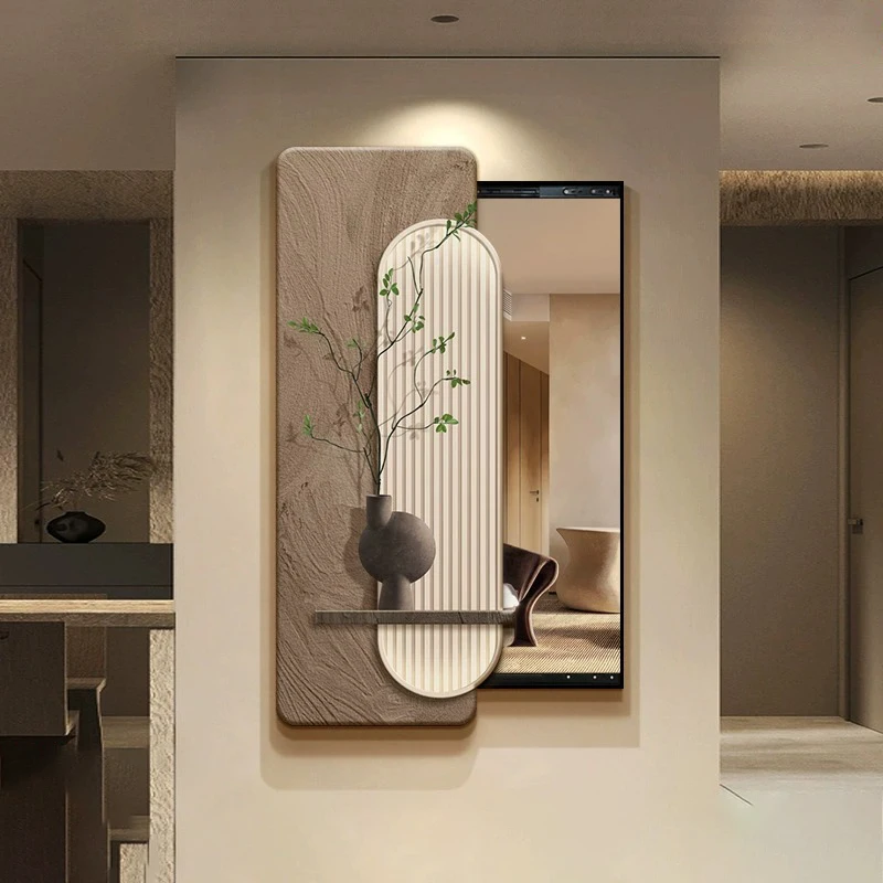 侘寂风推拉全身镜玄关装饰画可关闭遮挡镜子隐藏式隐形穿衣镜壁画