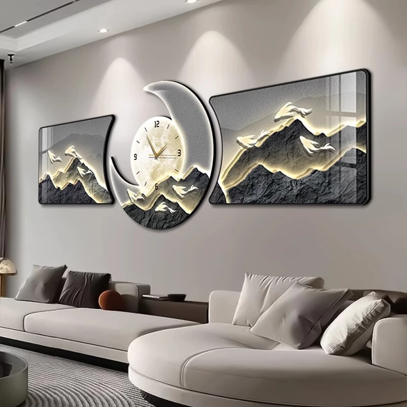 客厅三联画轻奢大气九鱼图沙发背景墙装饰画静音钟表挂钟挂画