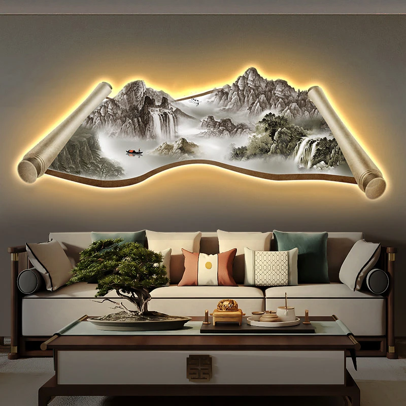 轻奢新中式山水客厅装饰画氛围画沙发背景墙挂画带壁画