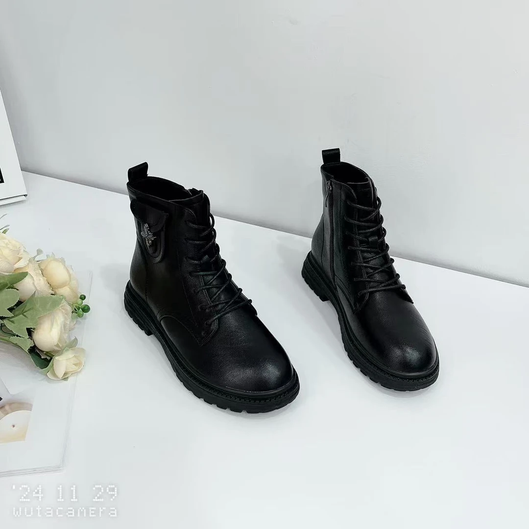7201B   新款时尚百搭圆头系带休闲厚底系带马丁靴加绒