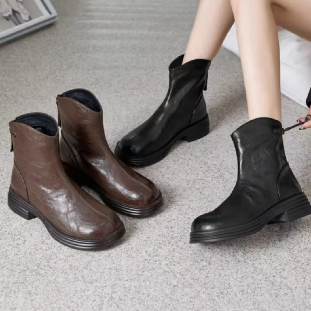 156-6S     新款时尚英伦风圆头平底女短靴加绒