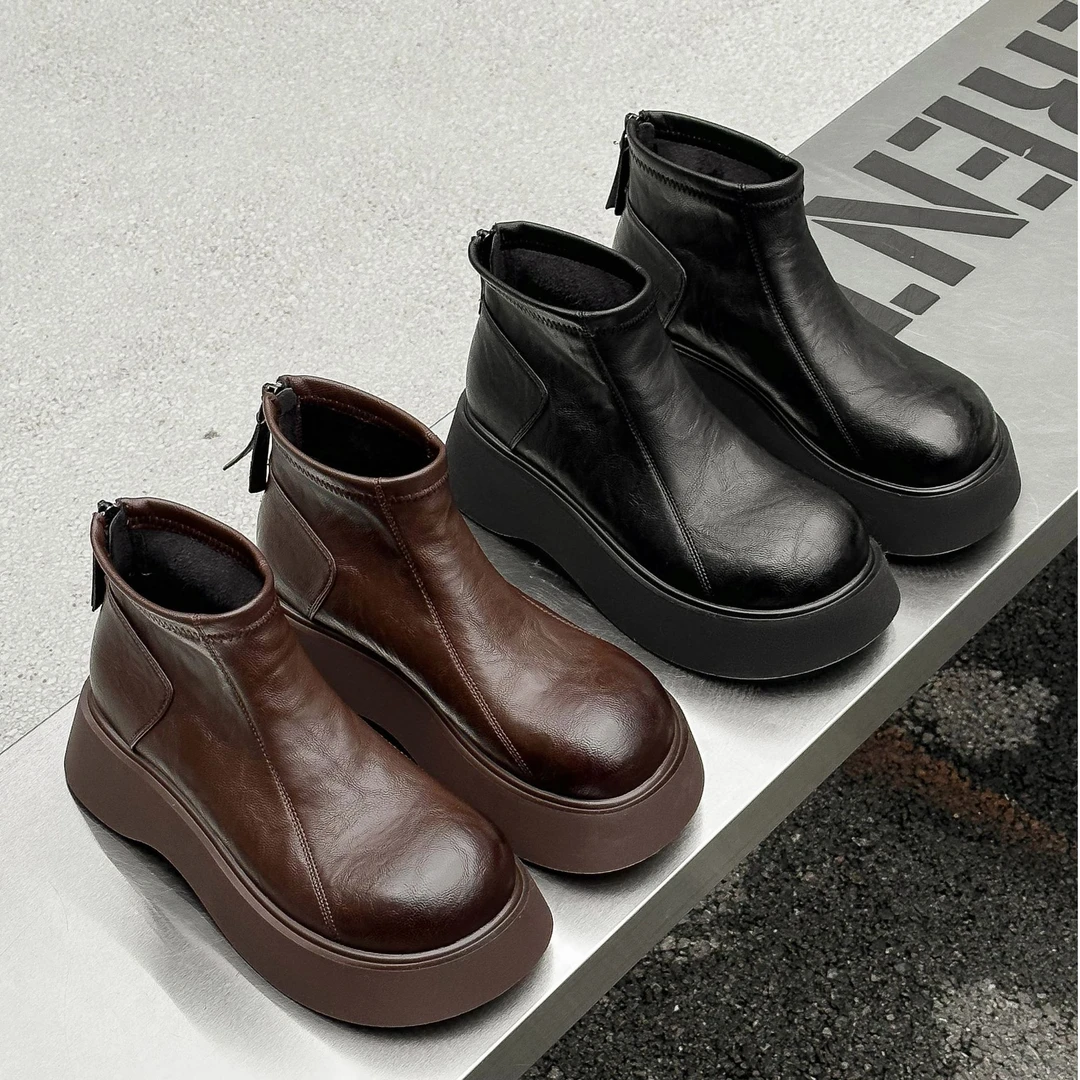 【唯品专属】6-645时装厚底增高短靴时尚百搭复古英伦风圆头短靴