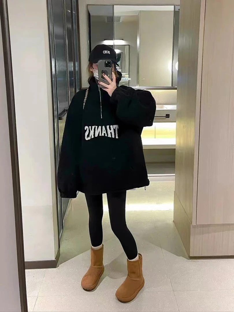 【哈哈家】欧货拉链加厚字母羊羔毛加绒卫衣