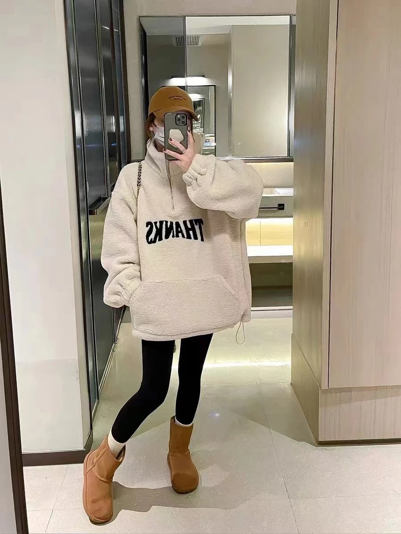 【哈哈家】欧货拉链加厚字母羊羔毛加绒卫衣