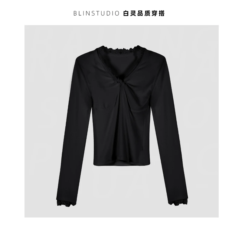 1（2993）纯欲性感扭结V领长袖蕾丝拼接修身打底上衣秋季