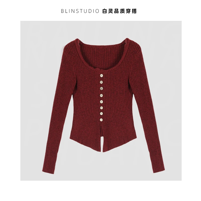 1（2991）法式蕾丝边排扣针织衫女修身小众秋冬季新款