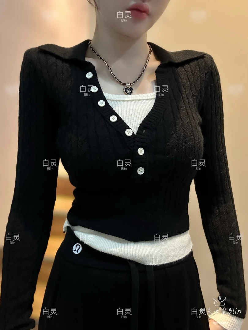 1（3053）翻领V领假两件针织毛衣冬季上衣