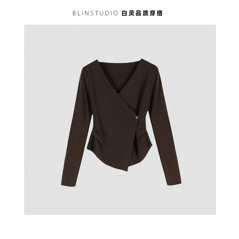 1（2885）早秋新款不规则交叉v领套头上衣收腰显瘦上衣