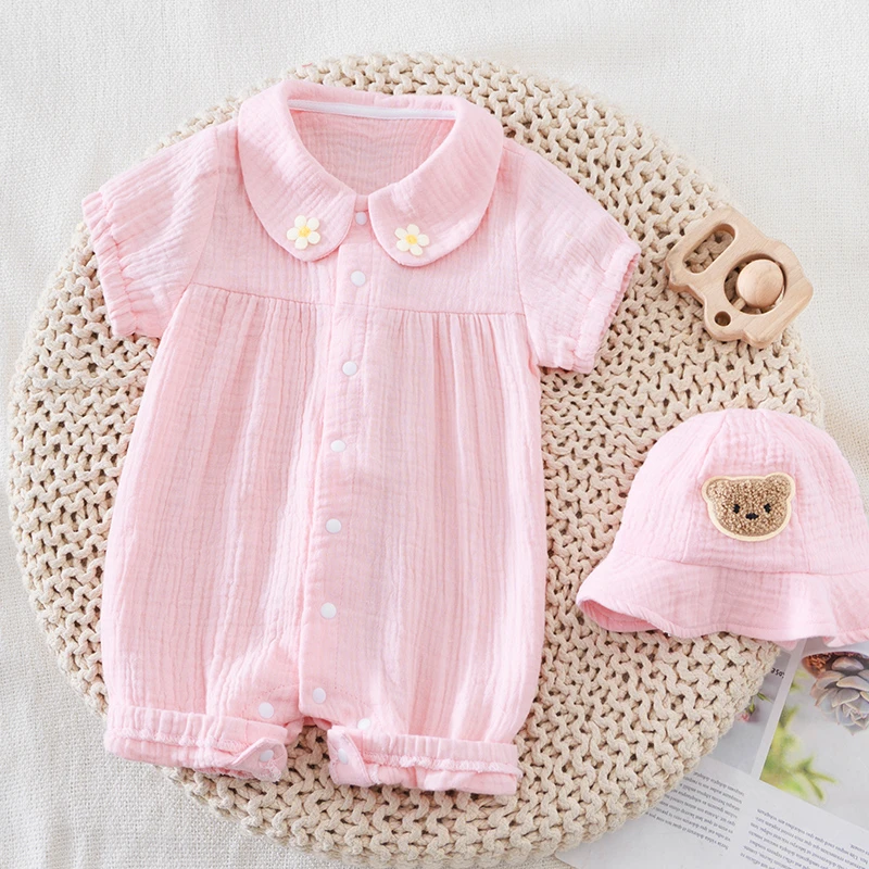 婴儿夏薄款纯棉纱布连体衣女宝宝翻领短袖哈衣舒适透气空调服衣服