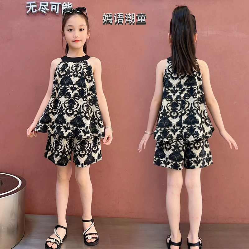 女童碎花挂脖套装2024新款中大童洋气时尚夏季女孩薄款印花韩版