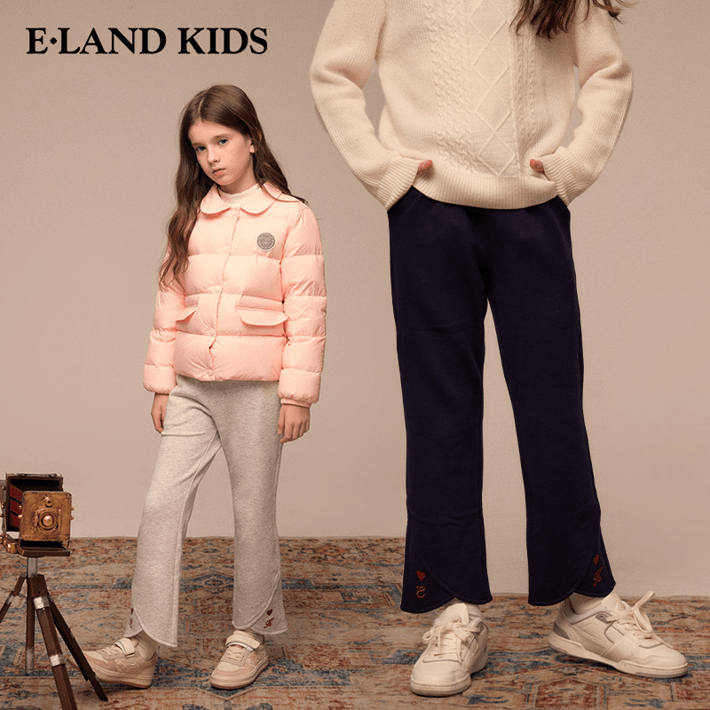 E·LAND KIDS衣恋童装23年秋冬女童休闲刺绣开叉喇叭裤EKTMD8923A