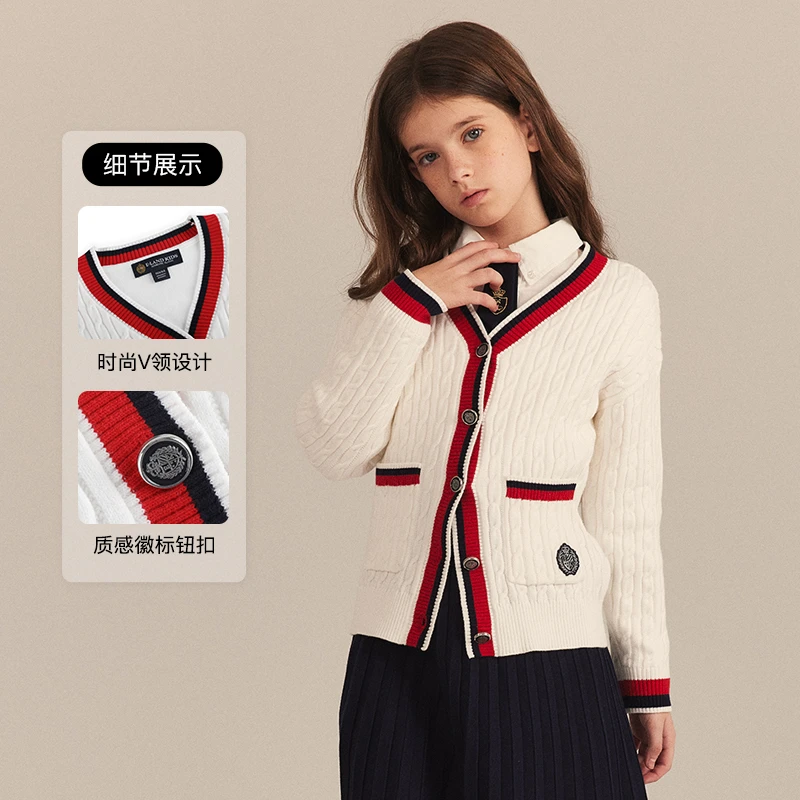 衣恋童装早春新品女童美式学院风V领针织开衫EKCKE1222A