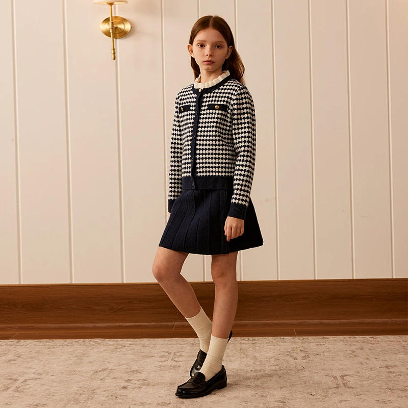 【25新品 含羊毛】E·LAND KIDS女童套装秋冬复古针织套装EKSKF1121E