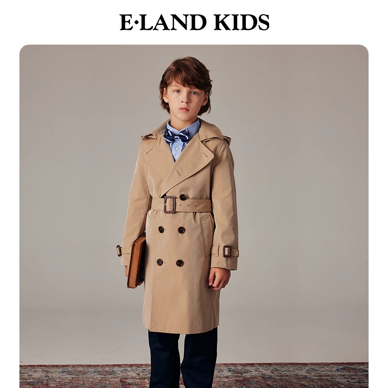 E·LAND KIDS2024年冬季男童连帽双排扣可调节腰带风衣EKJTE4901B