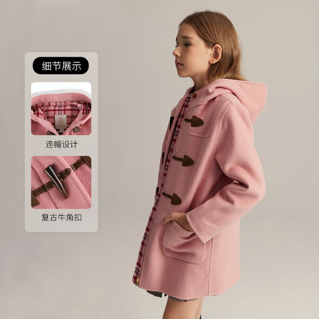 E·LAND KIDS衣恋童装新品女童牛角扣连帽呢大衣EKJWD4T21B